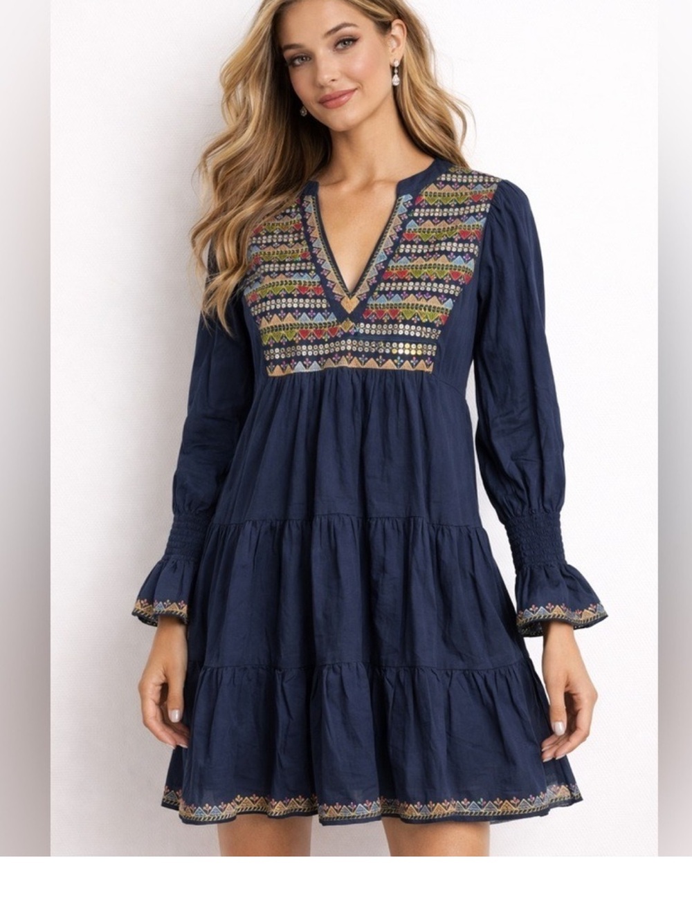 Pomander Place Embroidered Tiered Dress Navy Womens M Boho NWT Long Sleeve Midi